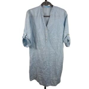 J McLaughlin Women's Large Blue 100%!Linen Roll Tab Sleeve V-Neck Tunic Dress